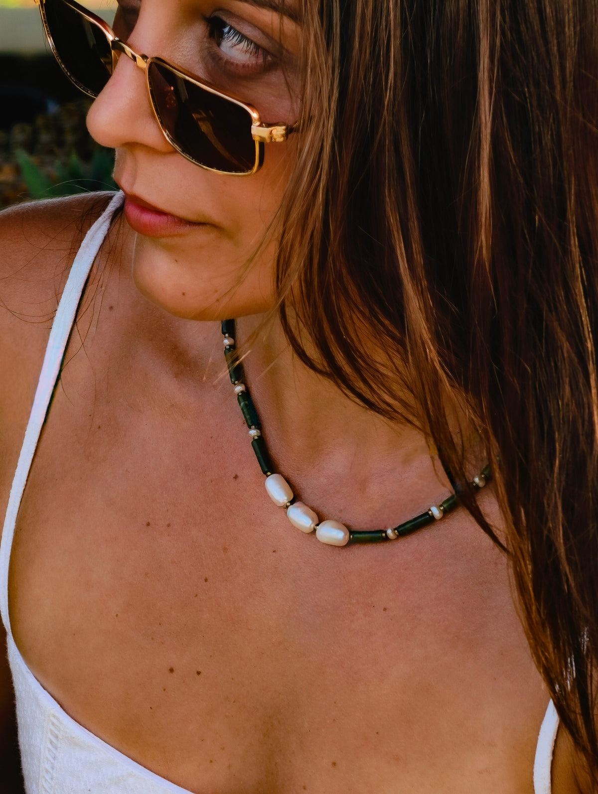 Ruva | Olive green Jade & Pearls