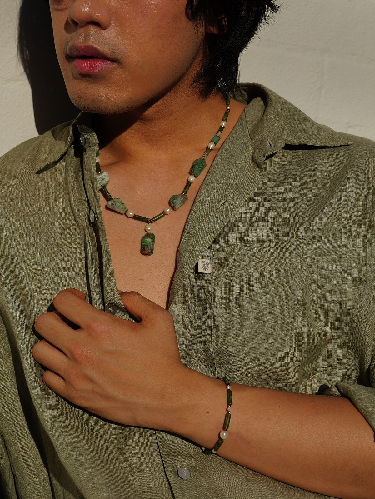 Ruva Bracelet | Olive green Jade & Pearls
